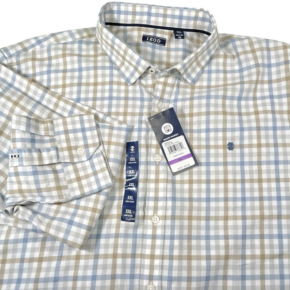 IZOD XXL Blue Tan Plaid Button Down Luxury Sport Shirt Preppy Business Casual